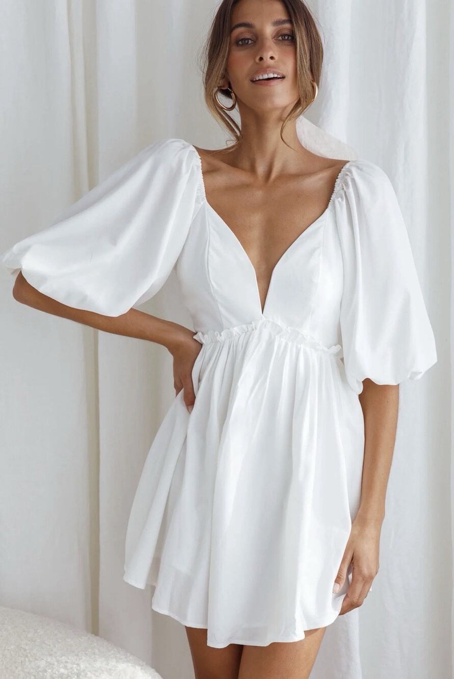 Selfie Leslie NEW Size L Always Dreaming Puff Sleeve Mini Dress White Bridal NWT